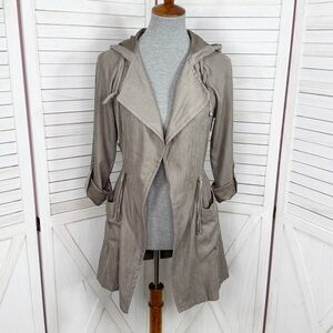 Be Cool Utility Jacket Women Small Taupe‎ Tan Microfiber Cinch Waist Hooded Open